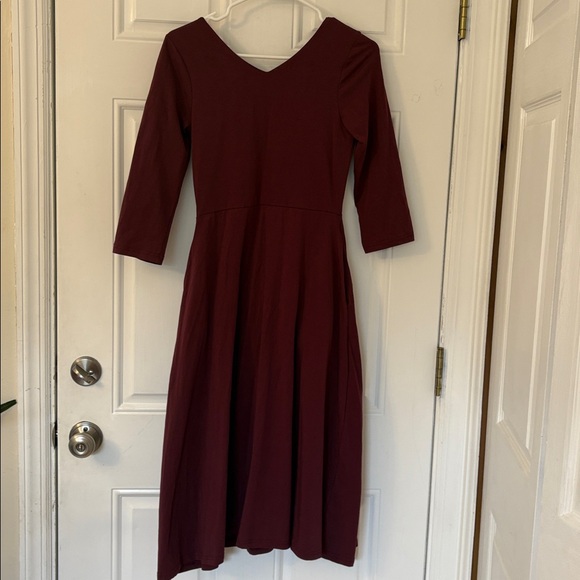 PACT Burgundy Organic Cotton 3/4 Sleeve V-Neck Fit & Flare Stretch Midi Dress S - Picture 5 of 6